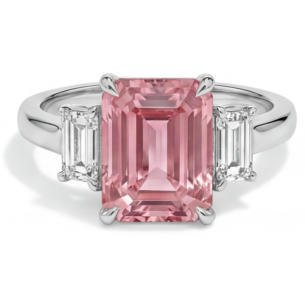 Anello a tre pietre con zaffiro Padparadscha naturale taglio smeraldo da 2,9 carati e baguette bianche in oro 14K liscio