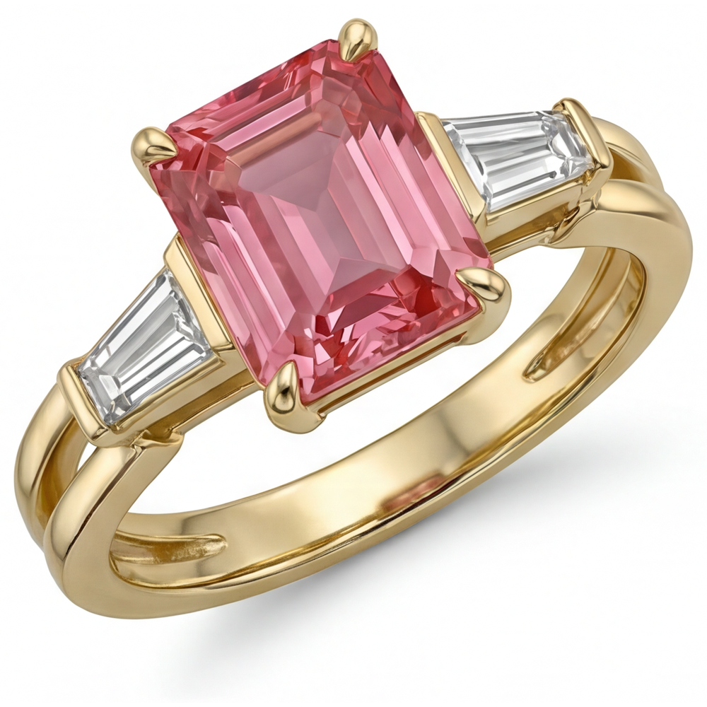 Anello a tre pietre in Oro Giallo 14K con zaffiro pesca Padparadscha autentico taglio smeraldo da 2,9 carati e baguette bianche