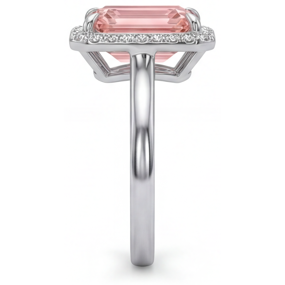 Anello di Fidanzamento con Zaffiro Pesca da 2,8 Carati, Vero Smeraldo, Halo Padparadscha in Oro Bianco 14K
