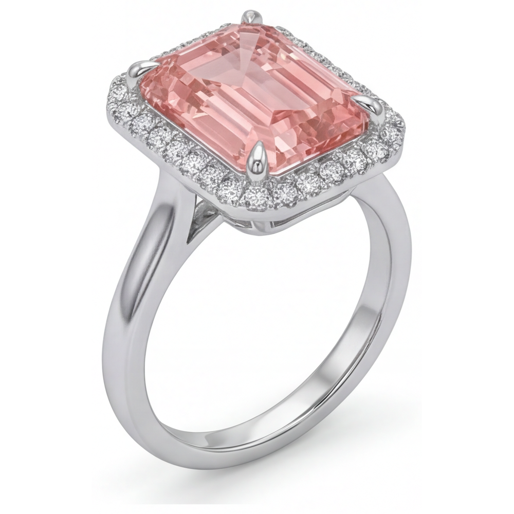 Anello di Fidanzamento con Zaffiro Pesca da 2,8 Carati, Vero Smeraldo, Halo Padparadscha in Oro Bianco 14K