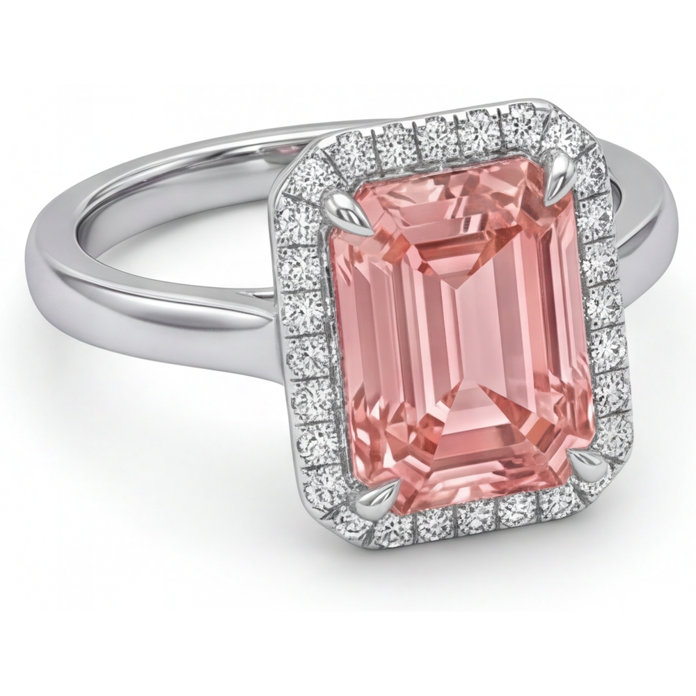 Anello di Fidanzamento con Zaffiro Pesca da 2,8 Carati, Vero Smeraldo, Halo Padparadscha in Oro Bianco 14K