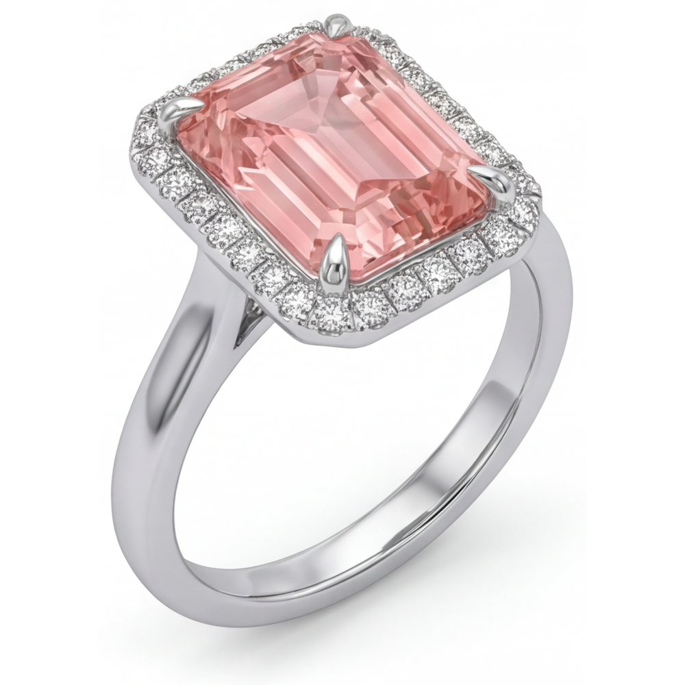 Anello di Fidanzamento con Zaffiro Pesca da 2,8 Carati, Vero Smeraldo, Halo Padparadscha in Oro Bianco 14K