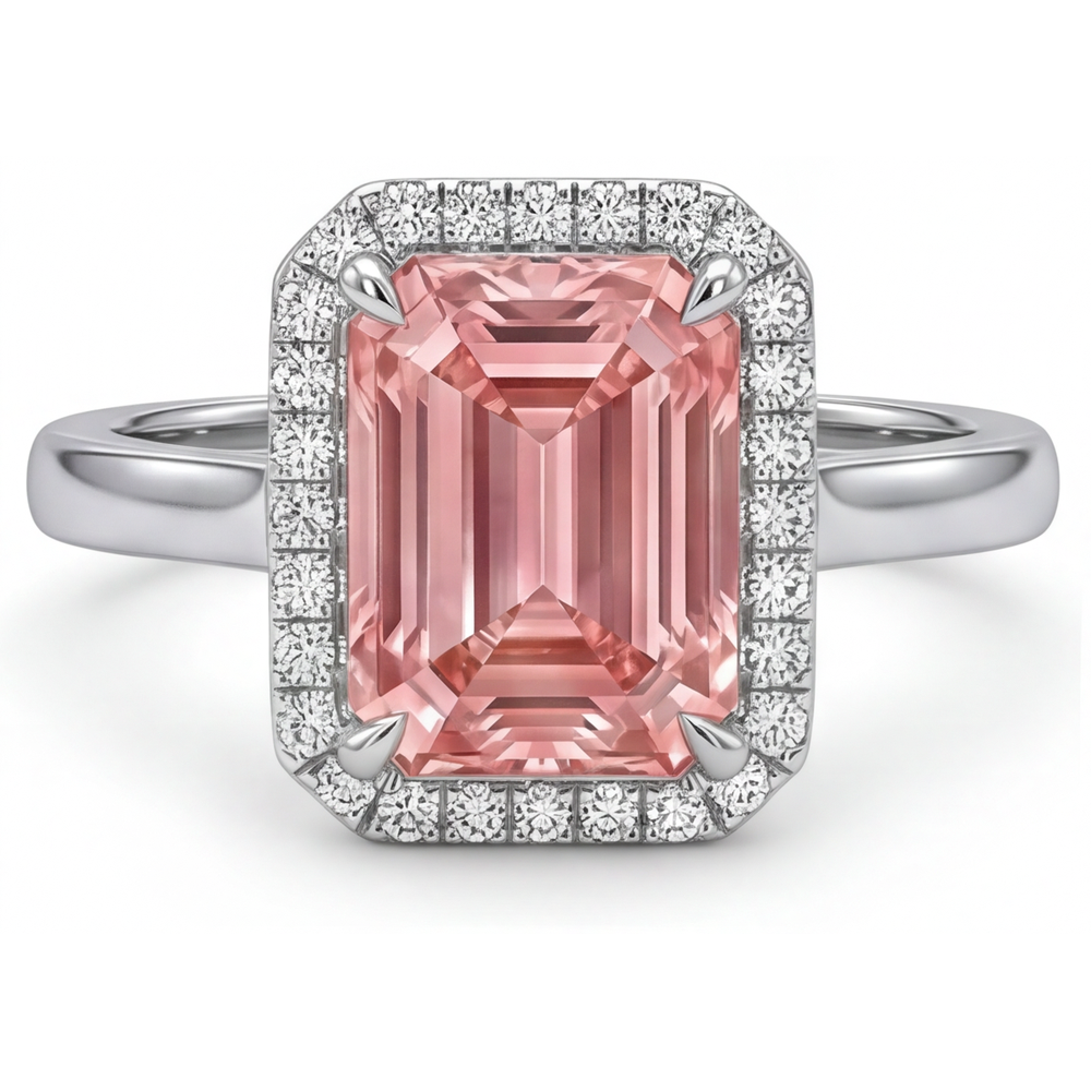 Anello di Fidanzamento con Zaffiro Pesca da 2,8 Carati, Vero Smeraldo, Halo Padparadscha in Oro Bianco 14K