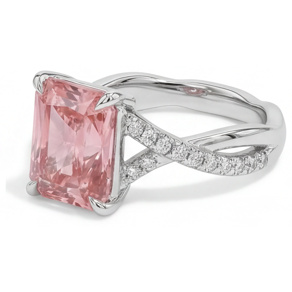 Anello pavé in Oro Bianco 14K con zaffiro Padparadscha color pesca da 2,8 carati e smeraldo autentico