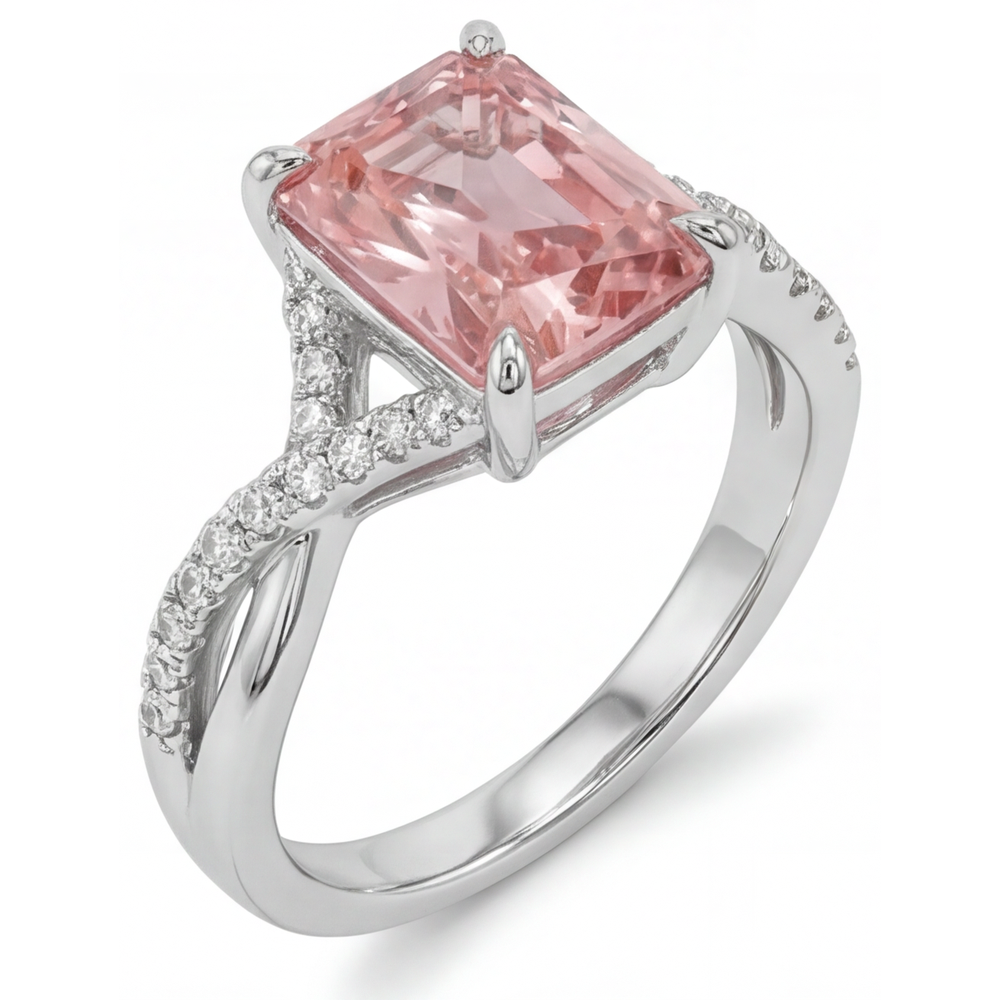 Anello pavé in Oro Bianco 14K con zaffiro Padparadscha color pesca da 2,8 carati e smeraldo autentico