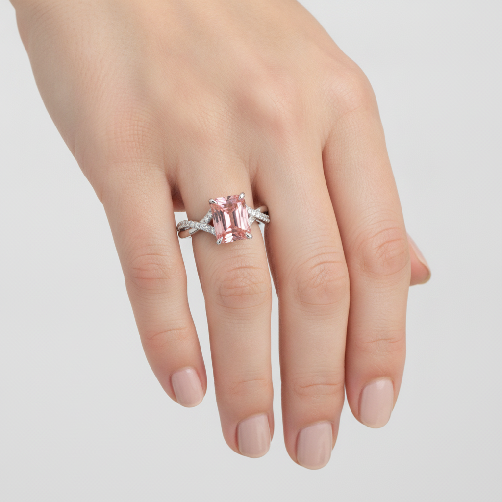 Anello pavé in Oro Bianco 14K con zaffiro Padparadscha color pesca da 2,8 carati e smeraldo autentico