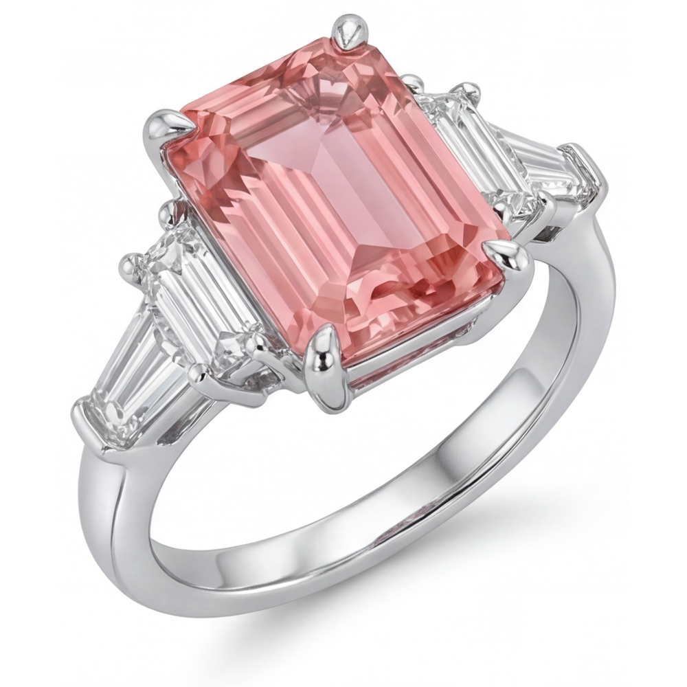 Anello di Fidanzamento con Zaffiro Padparadscha da 3,9 Carati, Smeraldo Naturale e Baguette Bianche, a Tre Pietre con Montatura a Cattedrale in Oro 14K