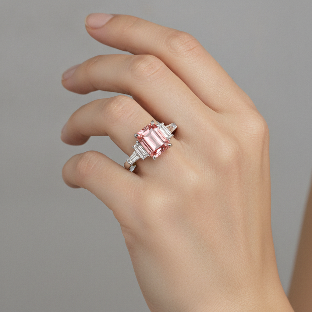 Anello di Fidanzamento con Zaffiro Padparadscha da 3,9 Carati, Smeraldo Naturale e Baguette Bianche, a Tre Pietre con Montatura a Cattedrale in Oro 14K