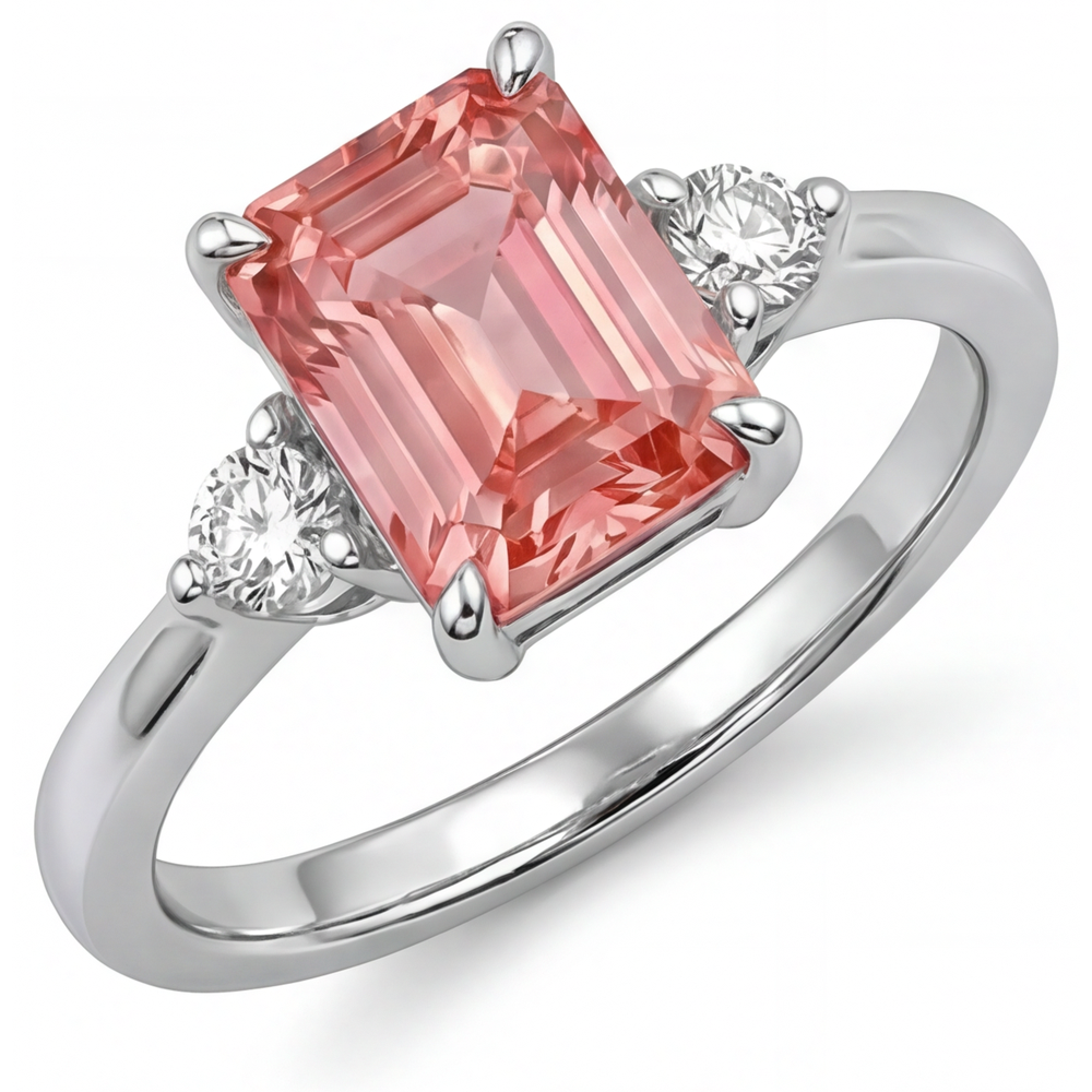 Anello a Tre Pietre in Oro Bianco 14K con Zaffiro Padparadscha Naturale Taglio Smeraldo da 2,9 Carati