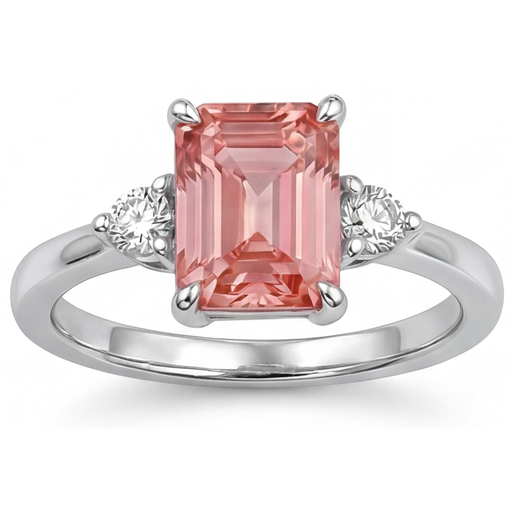 Anello a Tre Pietre in Oro Bianco 14K con Zaffiro Padparadscha Naturale Taglio Smeraldo da 2,9 Carati