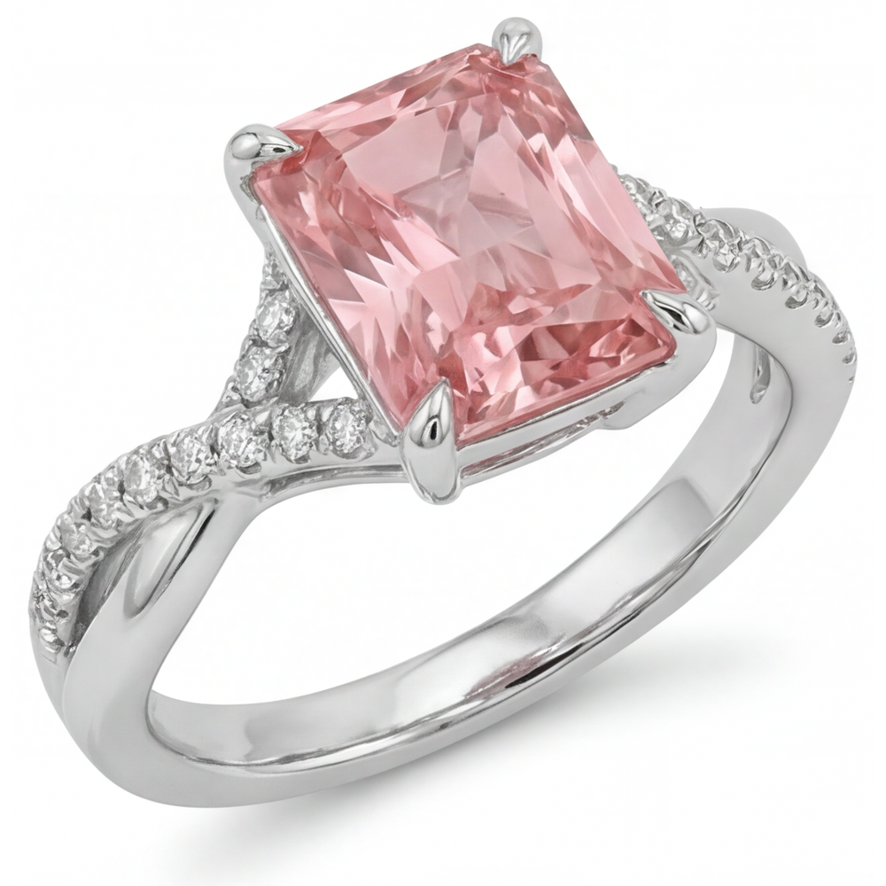 Anello bypass in Oro Bianco 14K con zaffiro padparadscha color pesca da 3,3 carati e smeraldo naturale