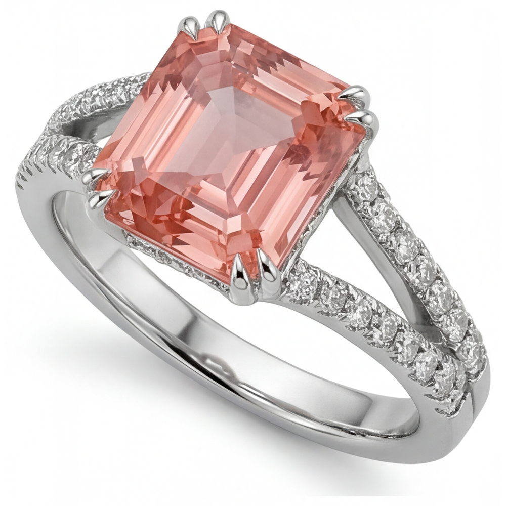 Anello antico con zaffiro Padparadscha da 3,3 carati, smeraldo autentico e gambo sdoppiato in Oro Bianco 14 carati