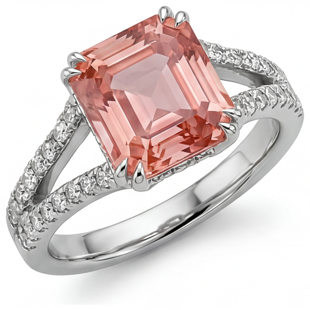 Anello antico con zaffiro Padparadscha da 3,3 carati, smeraldo autentico e gambo sdoppiato in Oro Bianco 14 carati