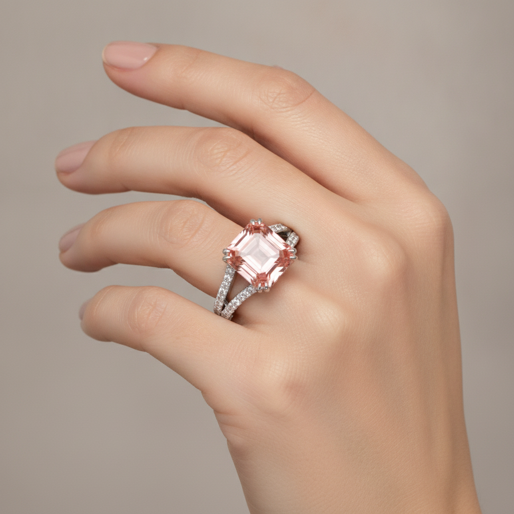 Anello antico con zaffiro Padparadscha da 3,3 carati, smeraldo autentico e gambo sdoppiato in Oro Bianco 14 carati
