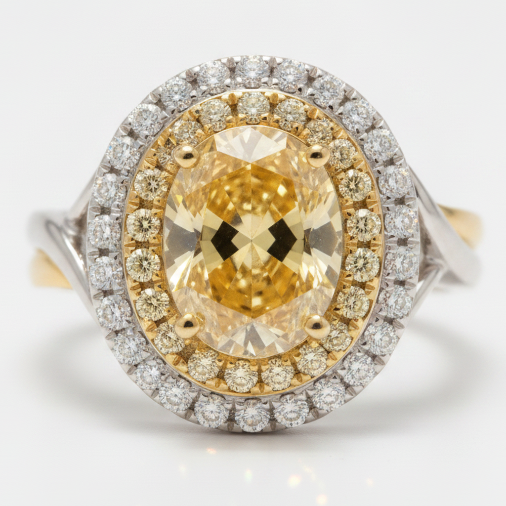 Anello di Fidanzamento con Pietra Preziosa Gialla, Diamante Naturale Ovale Fantasia Intenso da 1,01 Carati, Doppio Halo in Oro 18K