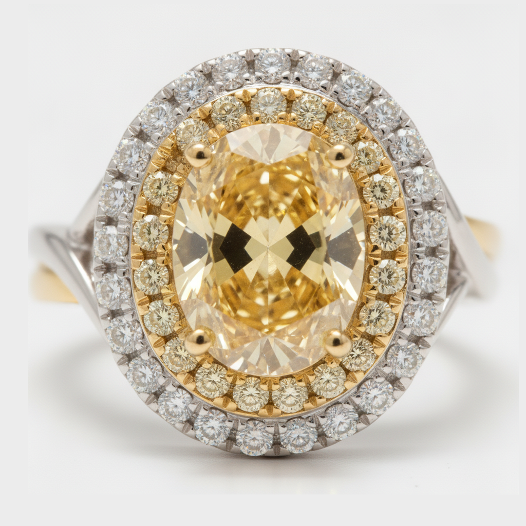 Anello di Fidanzamento con Pietra Preziosa Gialla, Diamante Naturale Ovale Fantasia Intenso da 1,01 Carati, Doppio Halo in Oro 18K