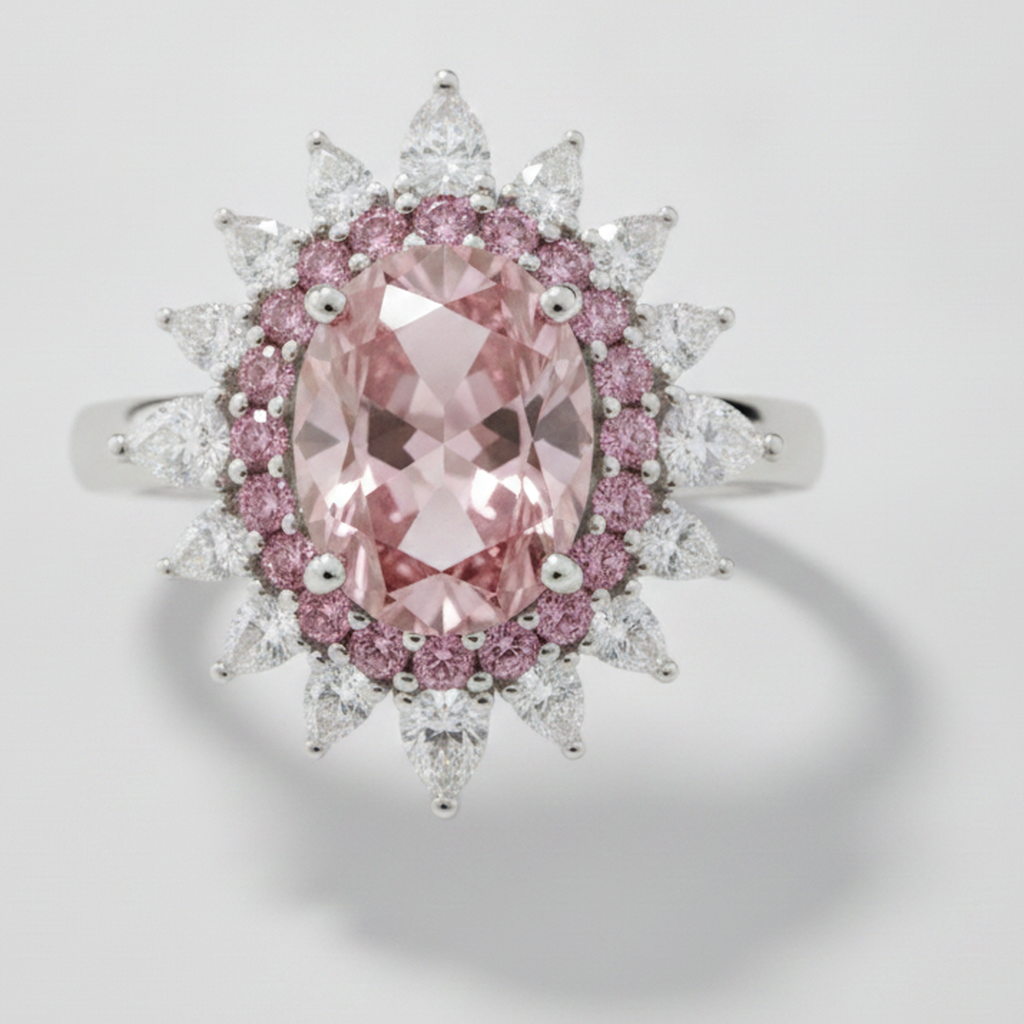 Anello di Fidanzamento in Platino con Pietra Preziosa Rosa Ovale Autentica e Semi Halo di Diamanti Fantasia