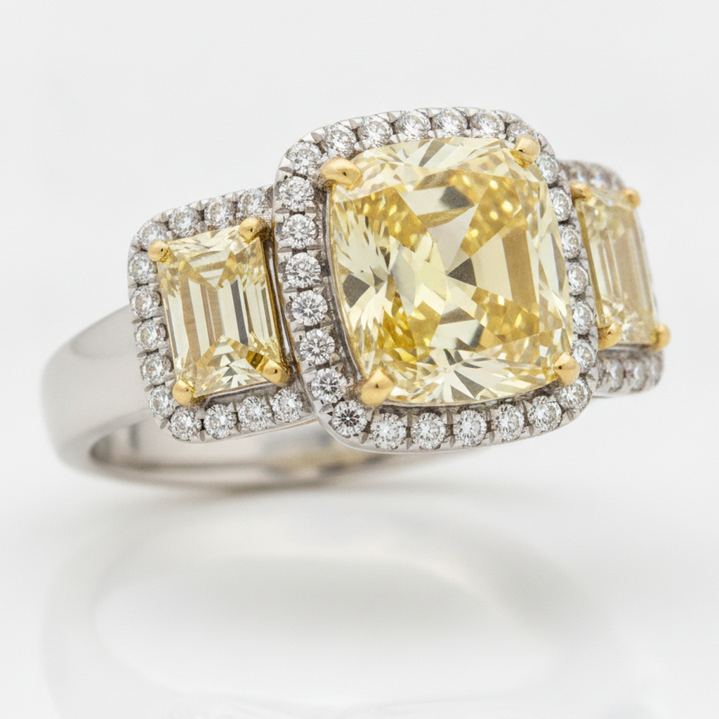 Anello di Fidanzamento con Pietra Preziosa Gialla da 2,07 Carati, Diamante Fantasia Autentico Taglio Cuscino, Halo e Trapezi a Tre Pietre in Platino