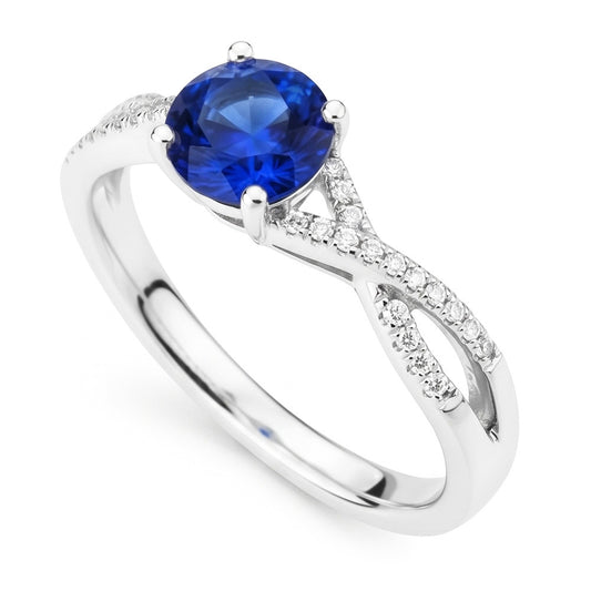 fede nuziale 1,35 ct Ceylon zaffiro diamante rotondo con oro bianco 14K