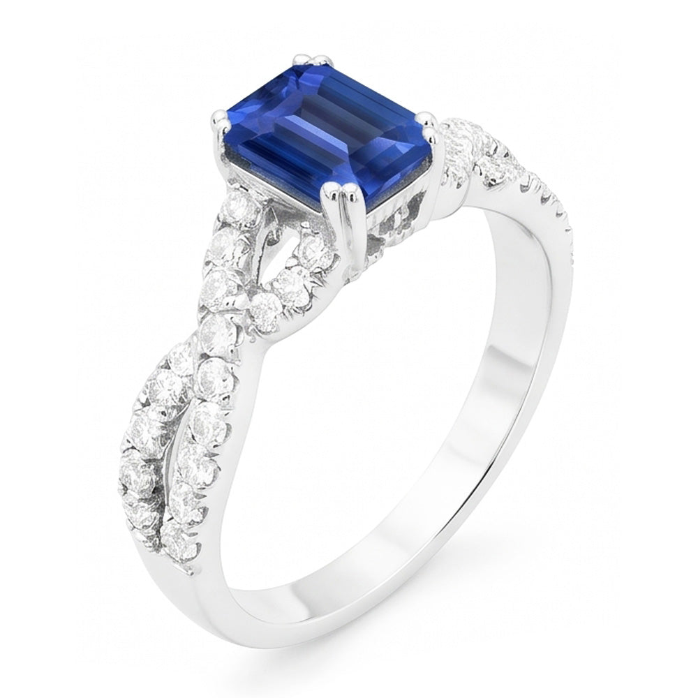fede nuziale con zaffiro blu 3 carati, diamanti taglio smeraldo in 14K con oro