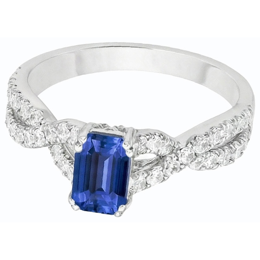 fede nuziale con zaffiro blu 3 carati, diamanti taglio smeraldo in 14K con oro