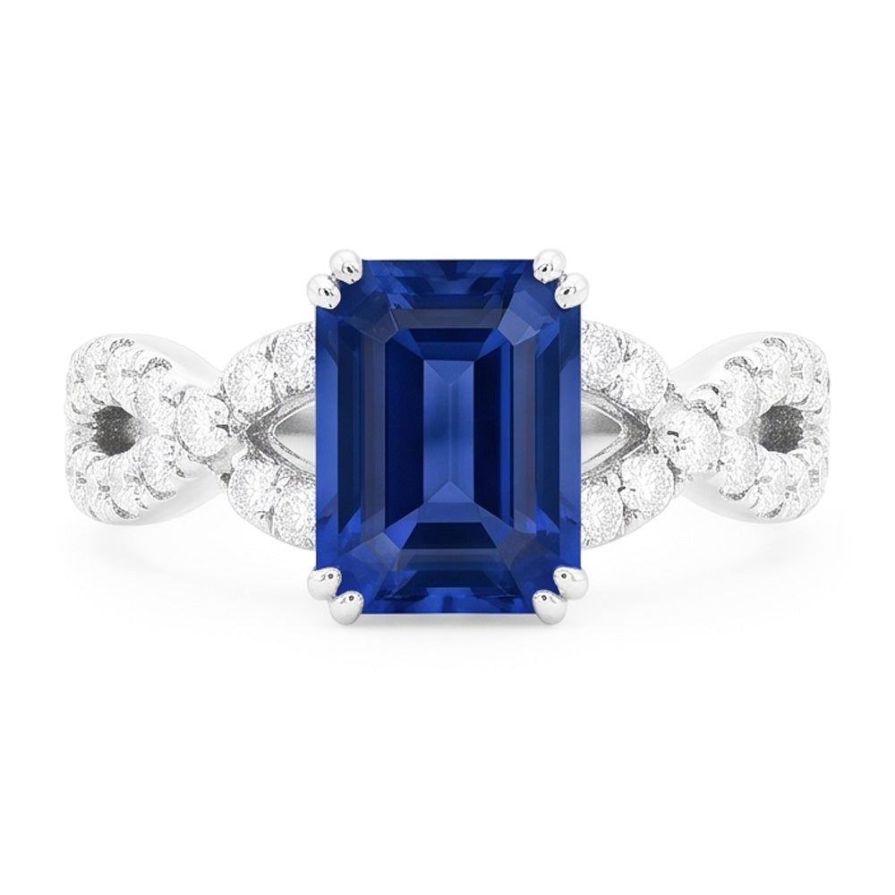 fede nuziale con zaffiro blu 3 carati, diamanti taglio smeraldo in 14K con oro