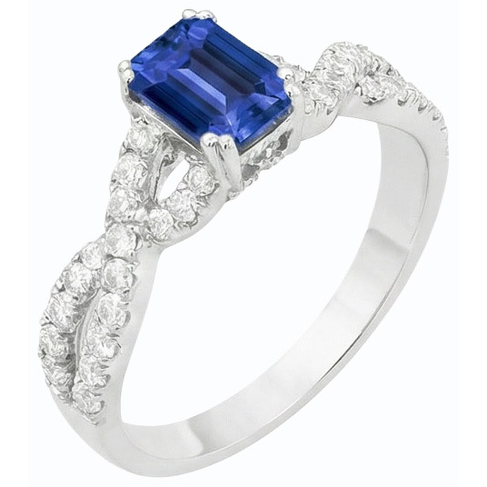 fede nuziale con zaffiro blu 3 carati, diamanti taglio smeraldo in 14K con oro