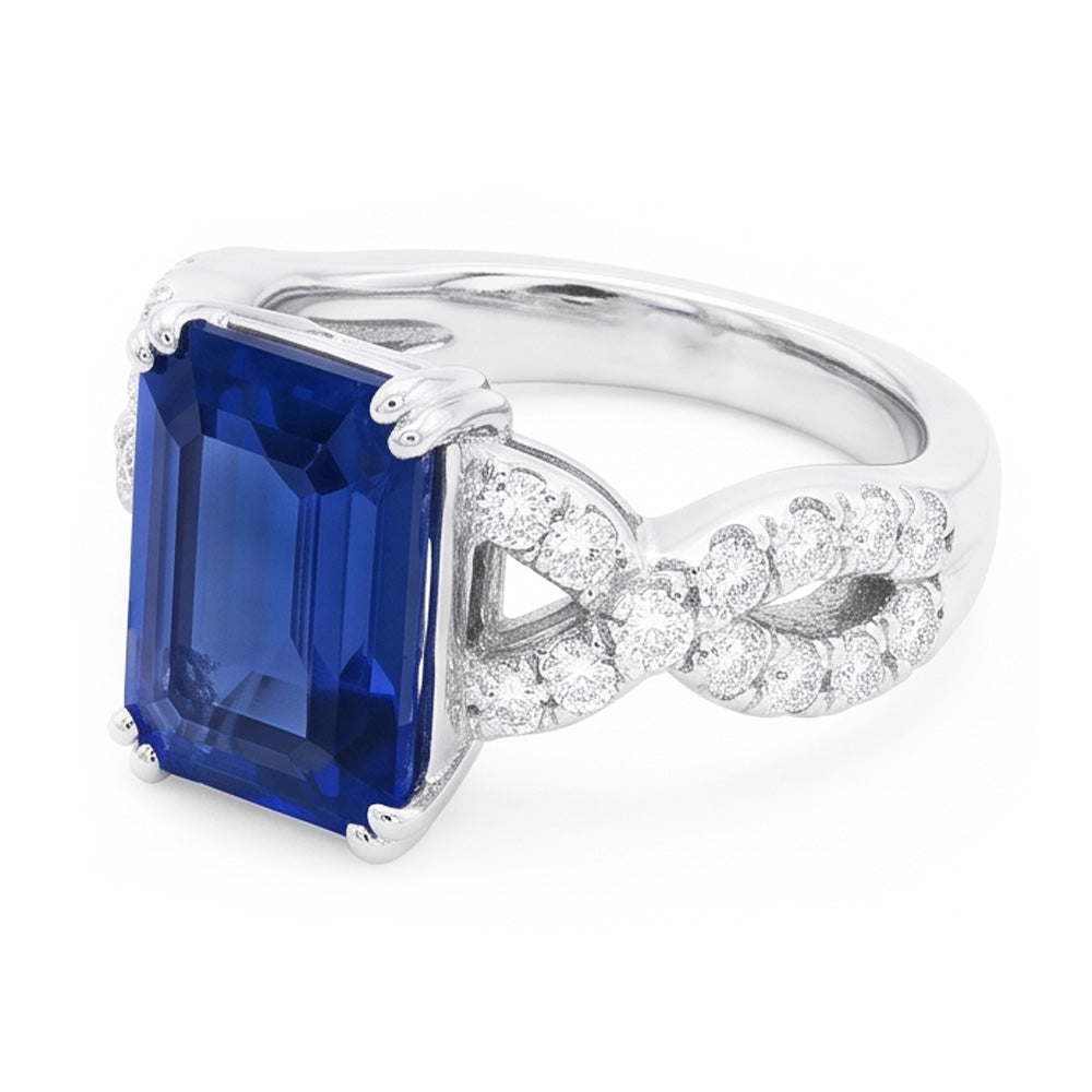 fede nuziale con zaffiro blu 3 carati, diamanti taglio smeraldo in 14K con oro