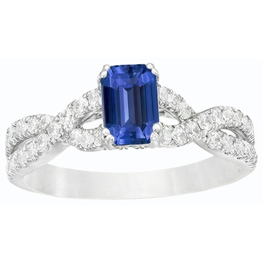 fede nuziale con zaffiro blu 3 carati, diamanti taglio smeraldo in 14K con oro