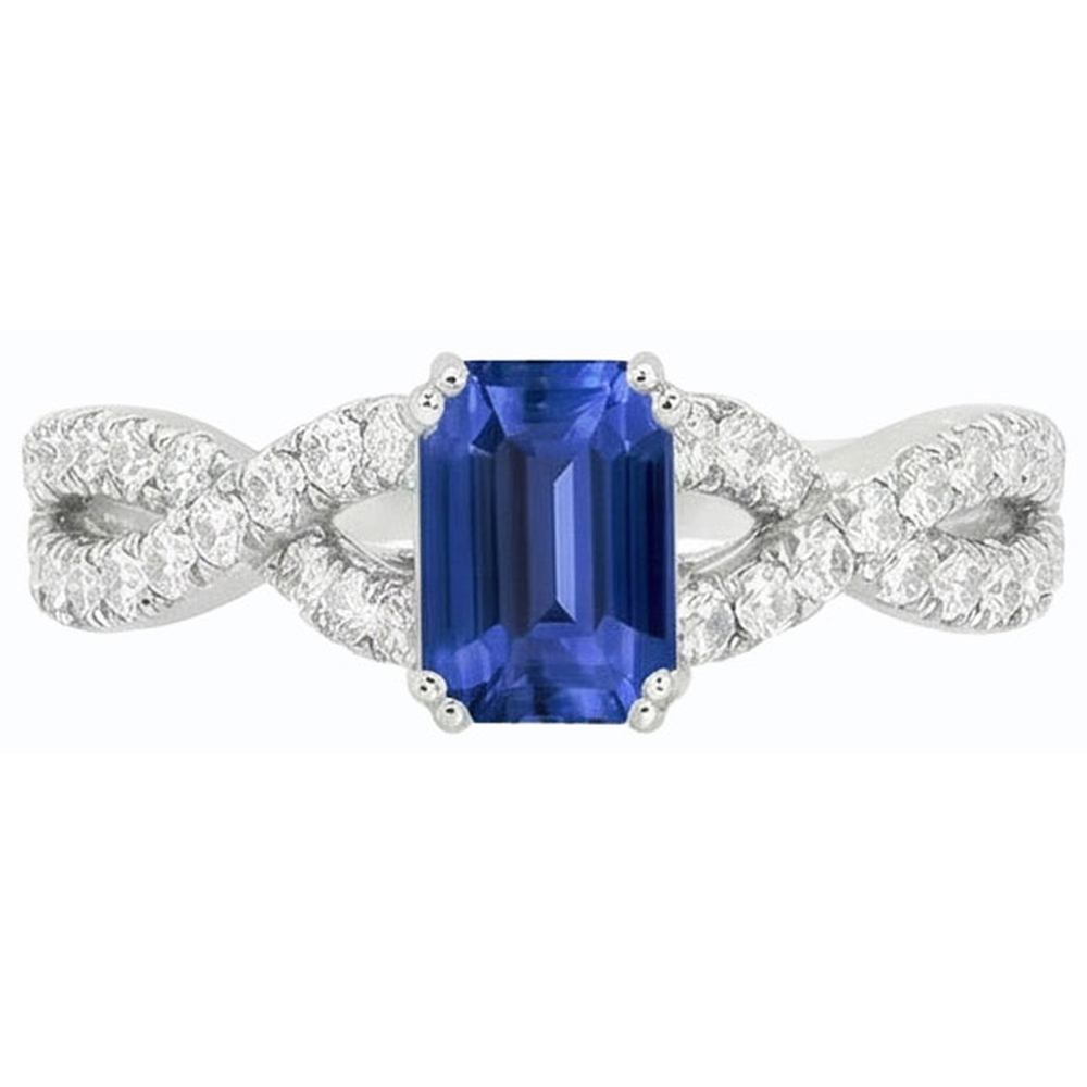 fede nuziale con zaffiro blu 3 carati, diamanti taglio smeraldo in 14K con oro