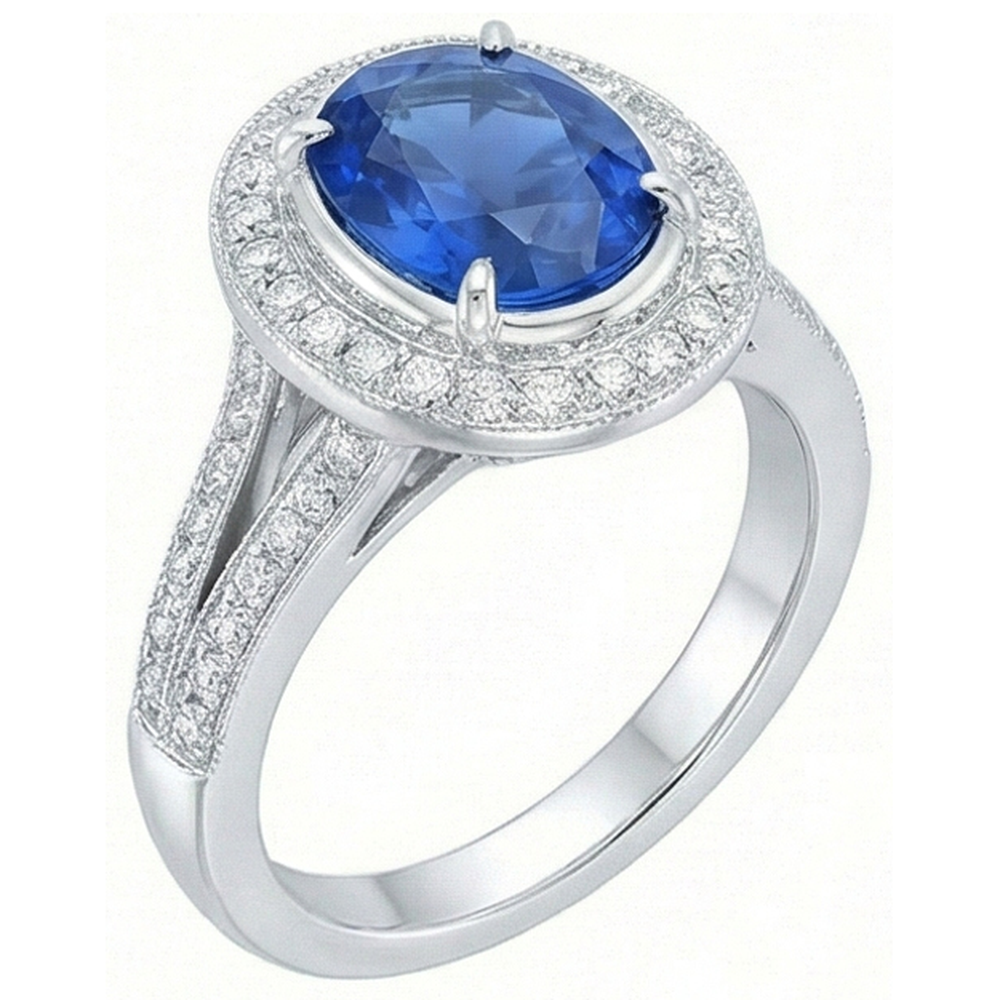 fede nuziale con zaffiro blu dello Sri Lanka da 4,60 carati e diamanti in oro bianco 14K