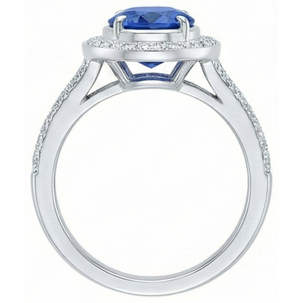 fede nuziale con zaffiro blu dello Sri Lanka da 4,60 carati e diamanti in oro bianco 14K