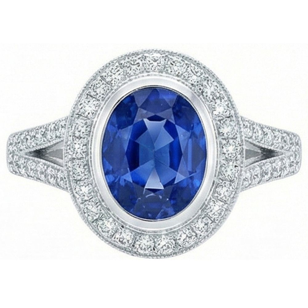 fede nuziale con zaffiro blu dello Sri Lanka da 4,60 carati e diamanti in oro bianco 14K