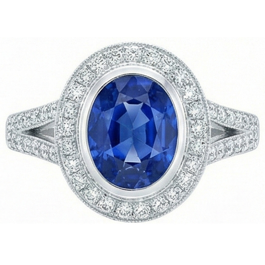 fede nuziale con zaffiro blu dello Sri Lanka da 4,60 carati e diamanti in oro bianco 14K