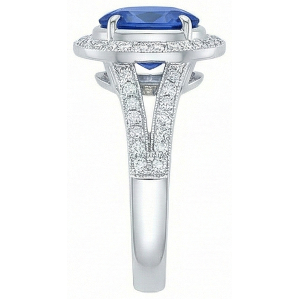 fede nuziale con zaffiro blu dello Sri Lanka da 4,60 carati e diamanti in oro bianco 14K
