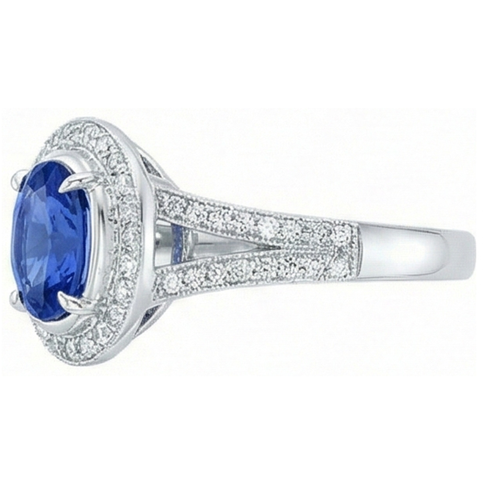 fede nuziale con zaffiro blu dello Sri Lanka da 4,60 carati e diamanti in oro bianco 14K