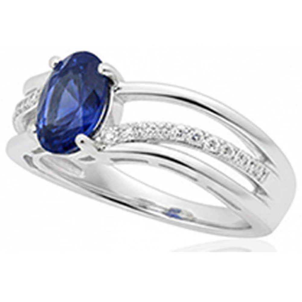 fede nuziale con zaffiro blu ovale Sri Lanka 3 carati e diamante in oro bianco 14K