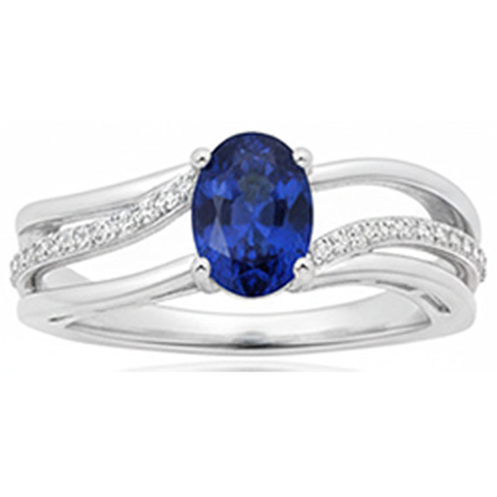 fede nuziale con zaffiro blu ovale Sri Lanka 3 carati e diamante in oro bianco 14K