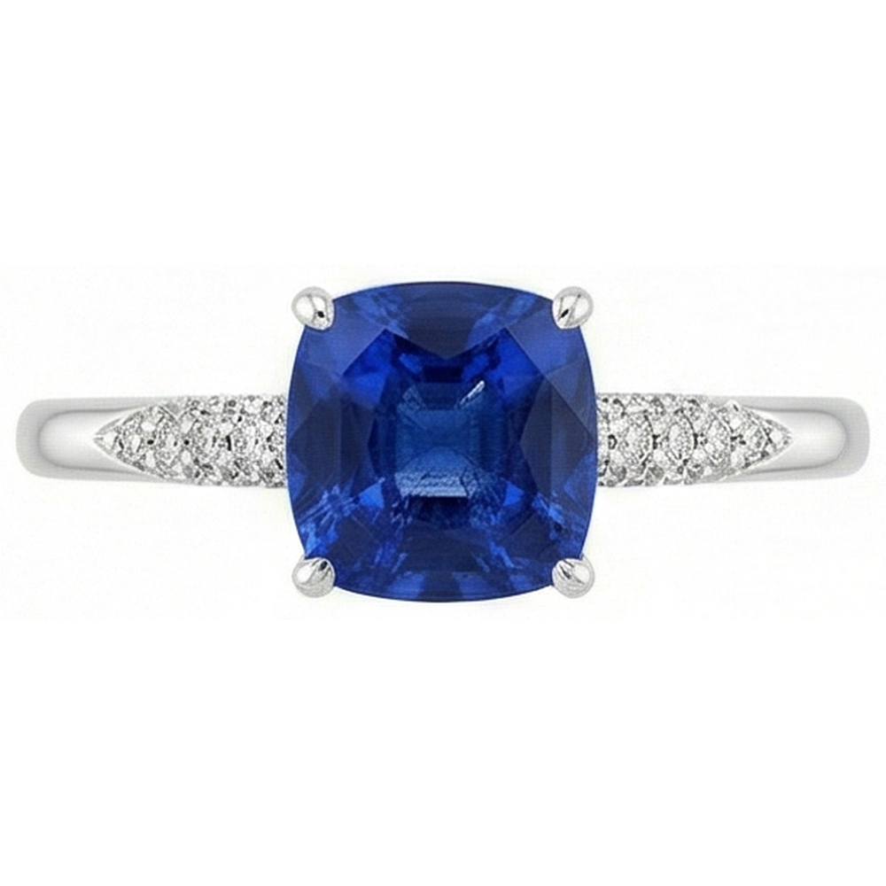 fede nuziale con zaffiro blu taglio cuscino 2 carati e diamante in oro bianco 14 carati.