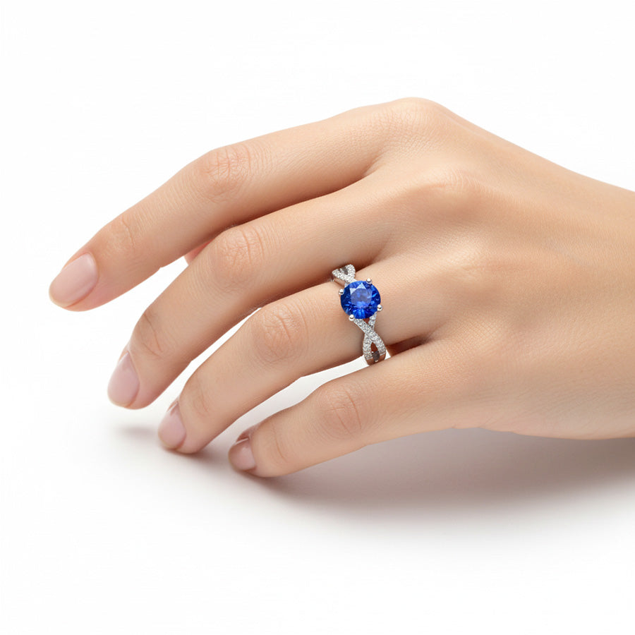 fede nuziale 1,35 ct Ceylon zaffiro diamante rotondo con oro bianco 14K