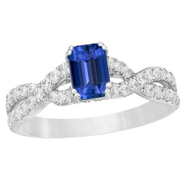 fede nuziale con zaffiro blu 3 carati, diamanti taglio smeraldo in 14K con oro