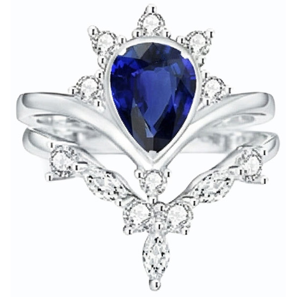 fedi nuziali stile corona con zaffiro Ceylon a pera 3 carati e diamanti in oro bianco 14K