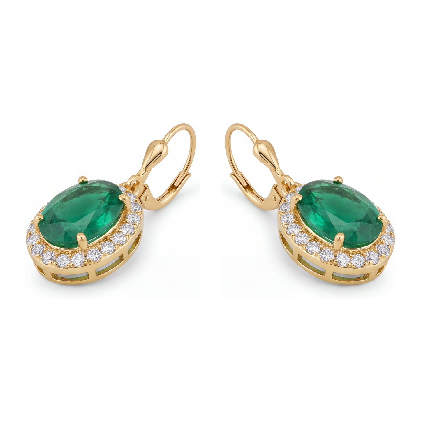 Orecchini con smeraldi verdi da laboratorio da 4,5 carati ovali Halo a monachella in Oro Giallo 14K