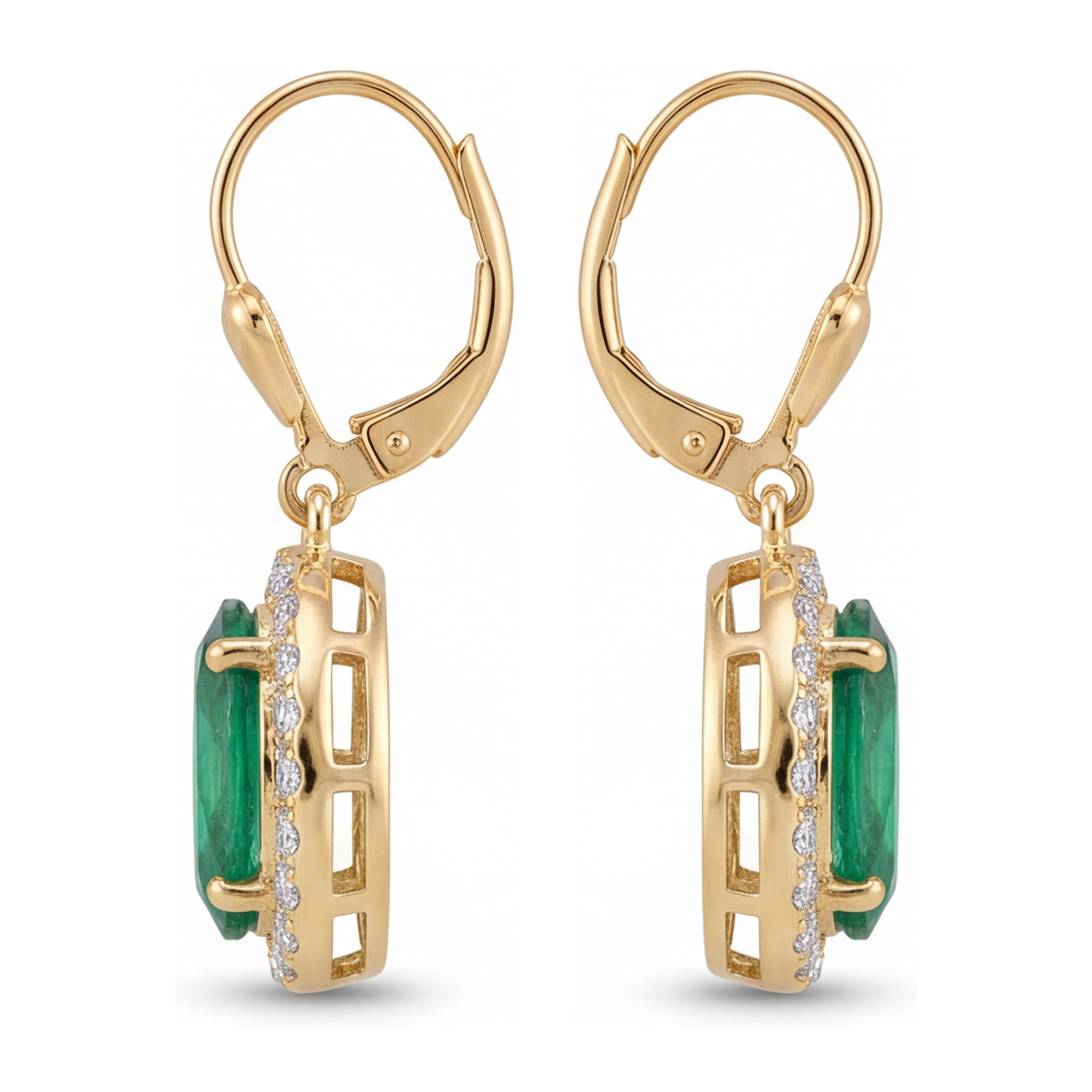 Orecchini con smeraldi verdi da laboratorio da 4,5 carati ovali Halo a monachella in Oro Giallo 14K
