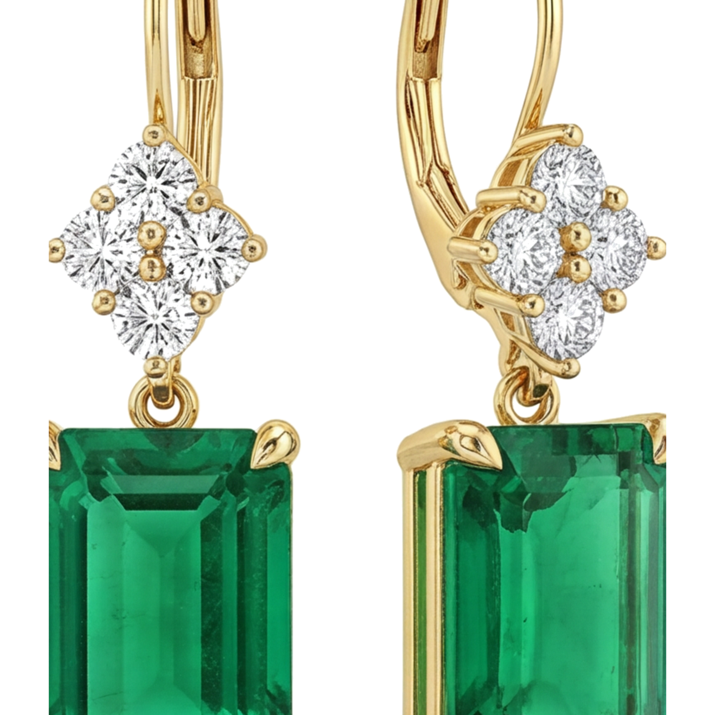 Orecchini con Smeraldo Verde 4,5 Carati da laboratorio Taglio Smeraldo a Grappolo con Chiusura a Monachella in Oro Giallo 14K