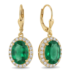 Orecchini con smeraldi verdi da laboratorio da 4,5 carati ovali Halo a monachella in Oro Giallo 14K