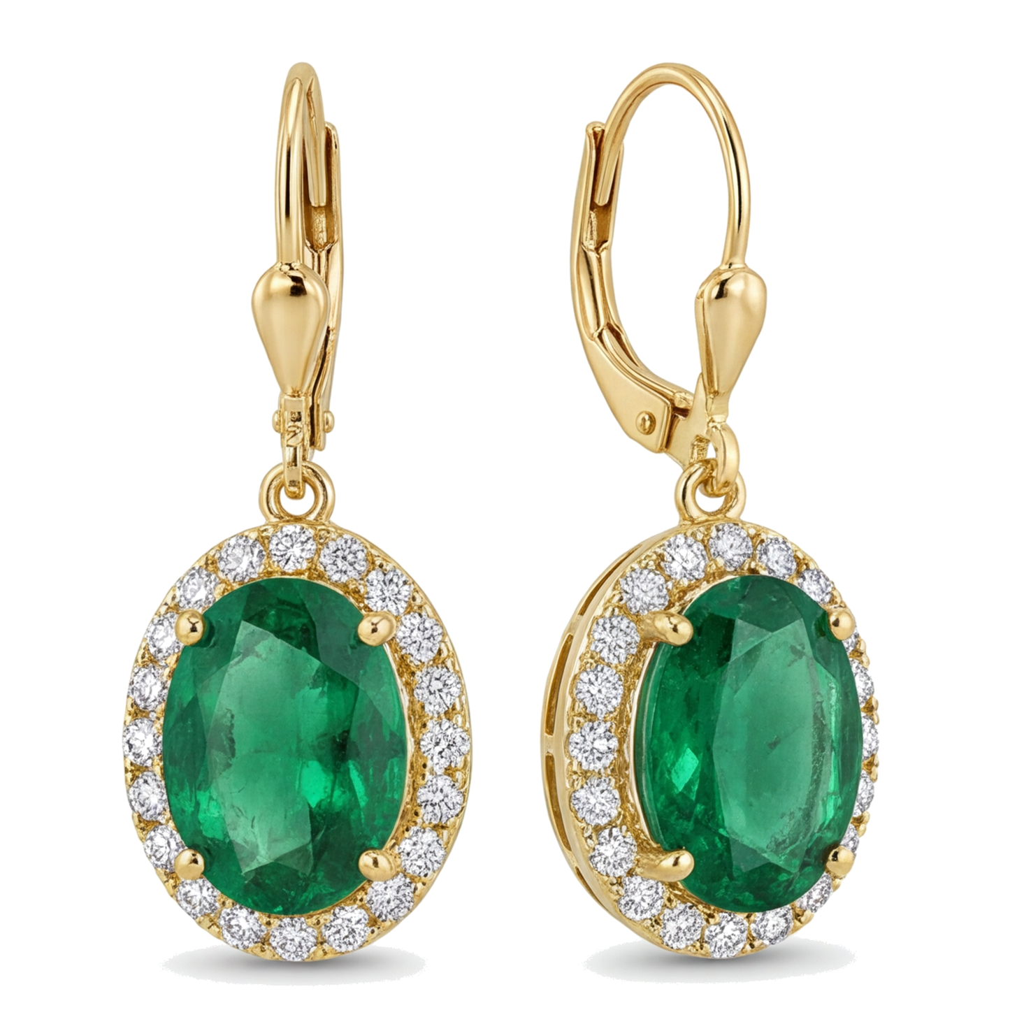 Orecchini con smeraldi verdi da laboratorio da 4,5 carati ovali Halo a monachella in Oro Giallo 14K