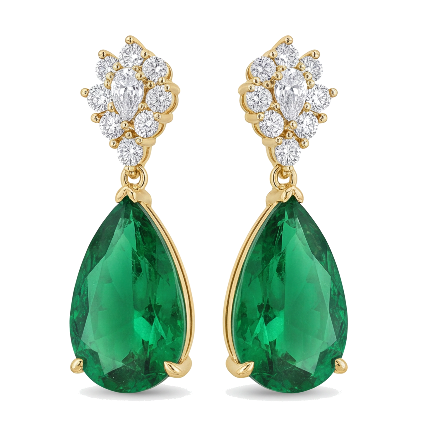 Orecchini a monachella a grappolo con smeraldi verdi da laboratorio da 5 carati taglio a goccia e marquise in oro giallo 14K