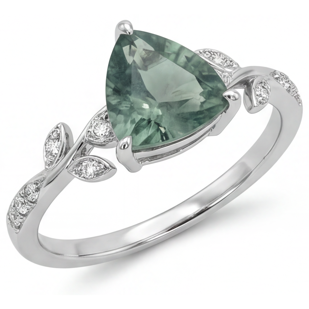 Trilliant Green Prasiolite anello in Oro 14 Carati Bianco – vista principale