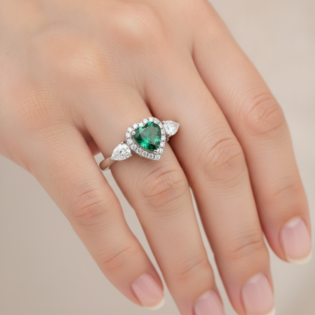 Anello in platino a tre pietre con smeraldo verde naturale a cuore da 3,2 carati e Halo